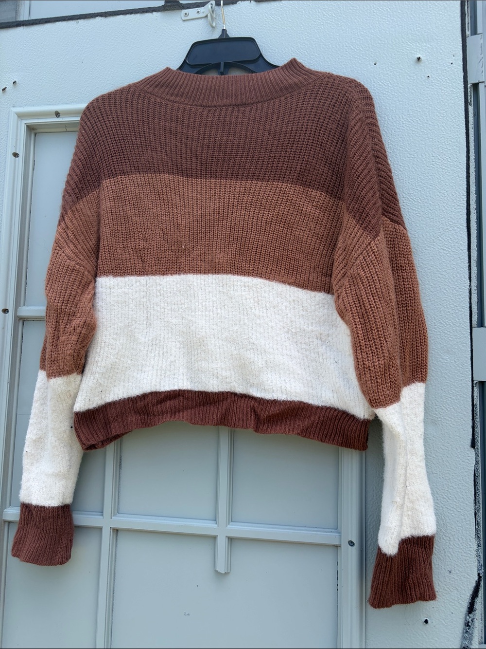 SHEIN Brown and Cream Block Stripe Crewneck Sweater